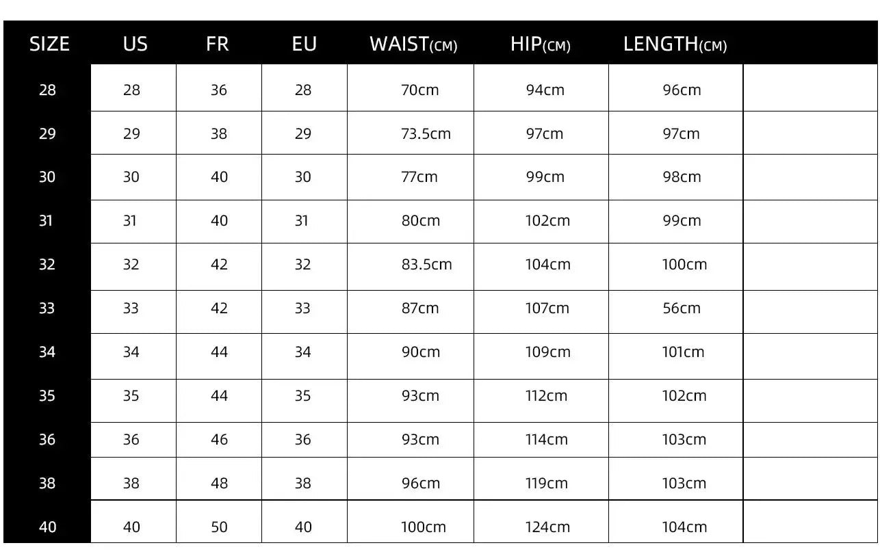 Men's pants size chart by Simples Market showing waist, hip and length measurements across US/FR/EU sizes