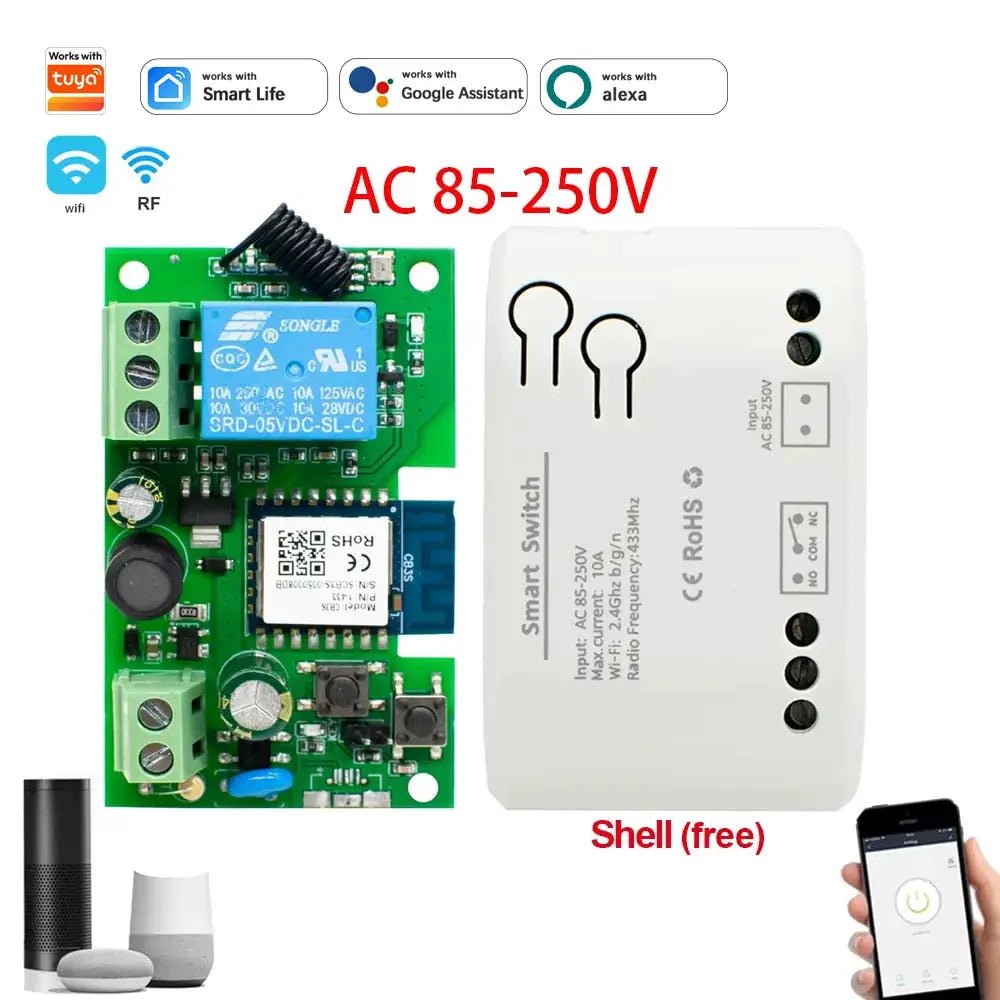 Simples Market WIFI smart garage gate relay module with Tuya, RF433 remote, AC85-250V, green PCB and white shell