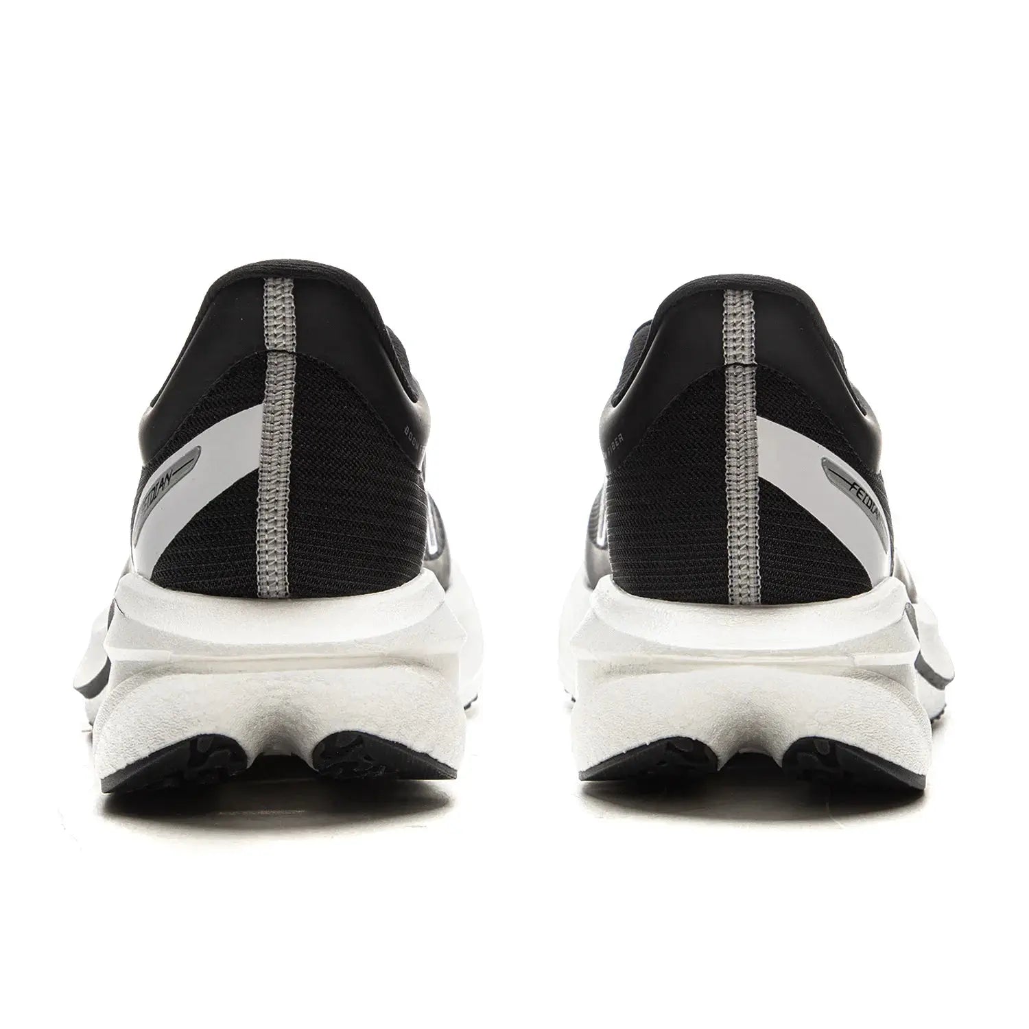 Pair of Li-Ning FEIDIAN 5 Challenger racing shoes with black uppers, grey heel pulls, and white midsoles