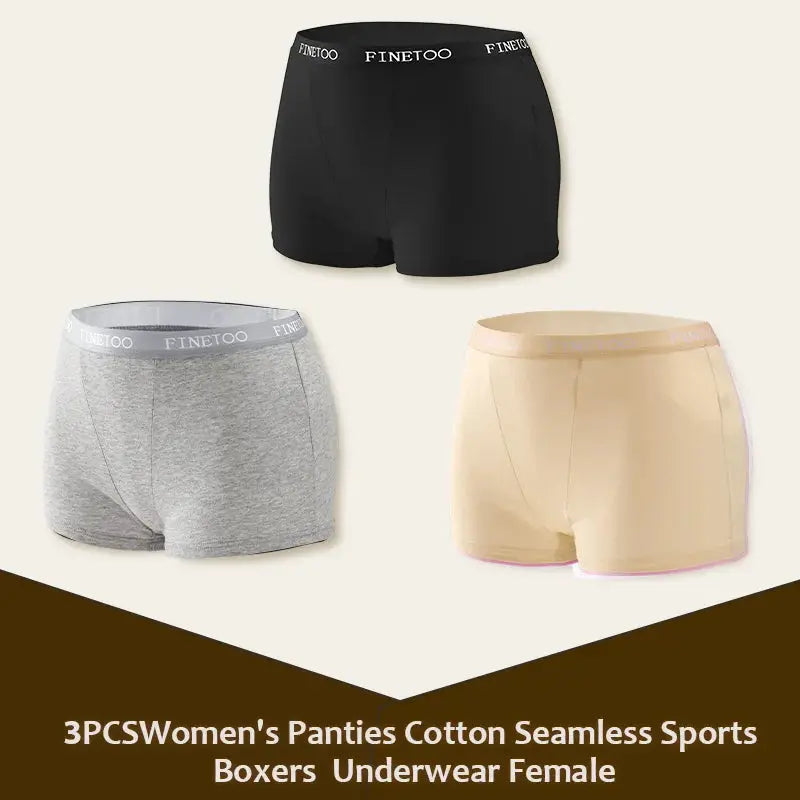 3Pcs women's cotton seamless sports boxers by Finetoo; black, gray, and beige briefs in S–XXL