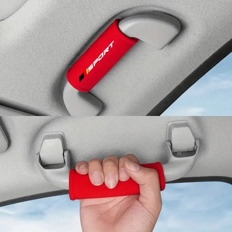 Fluff car interior door handle protector sleeve in red, fluffy armrest cover for vehicle use
