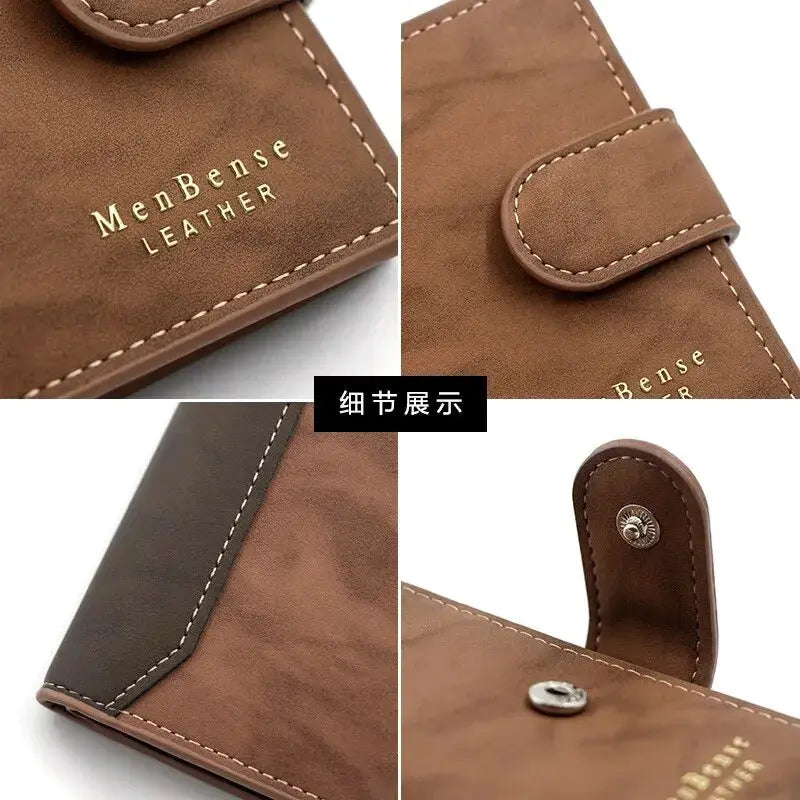 Brown PU leather men’s wallet with snap strap closure and gold embossed MenBense Leather logo.