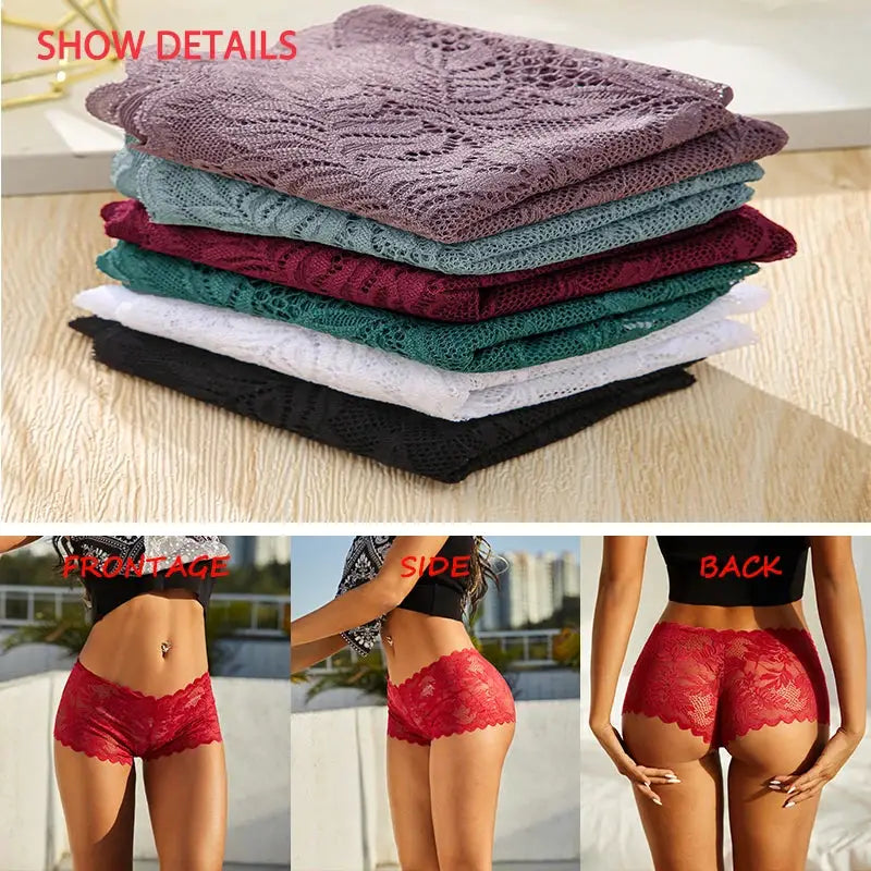 3pc women's lace briefs in assorted colors; red lace briefs shown on model (front/side/back)
