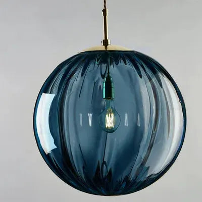 Modern LED pendant light, Nordic blue glass ball by Simples Market with brass canopy