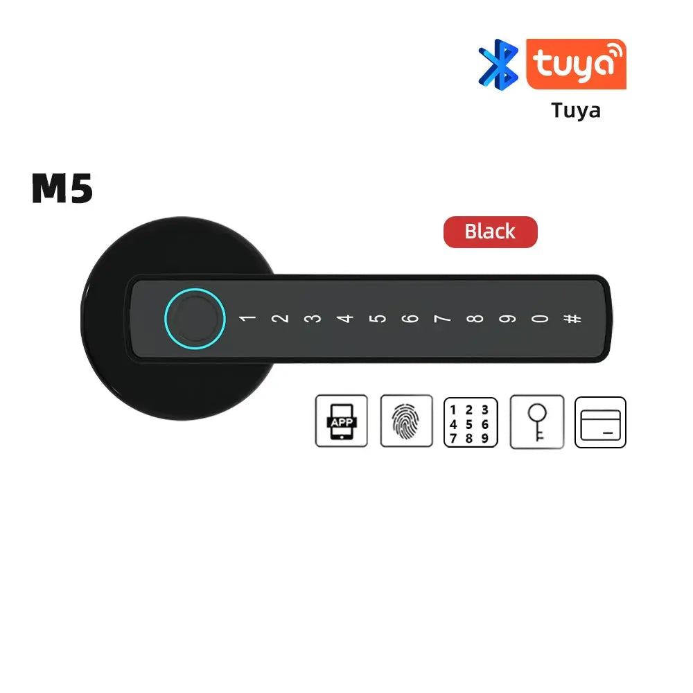 RAYKUBE M5 black smart door lock with fingerprint, keypad, IC card, and Tuya app unlock