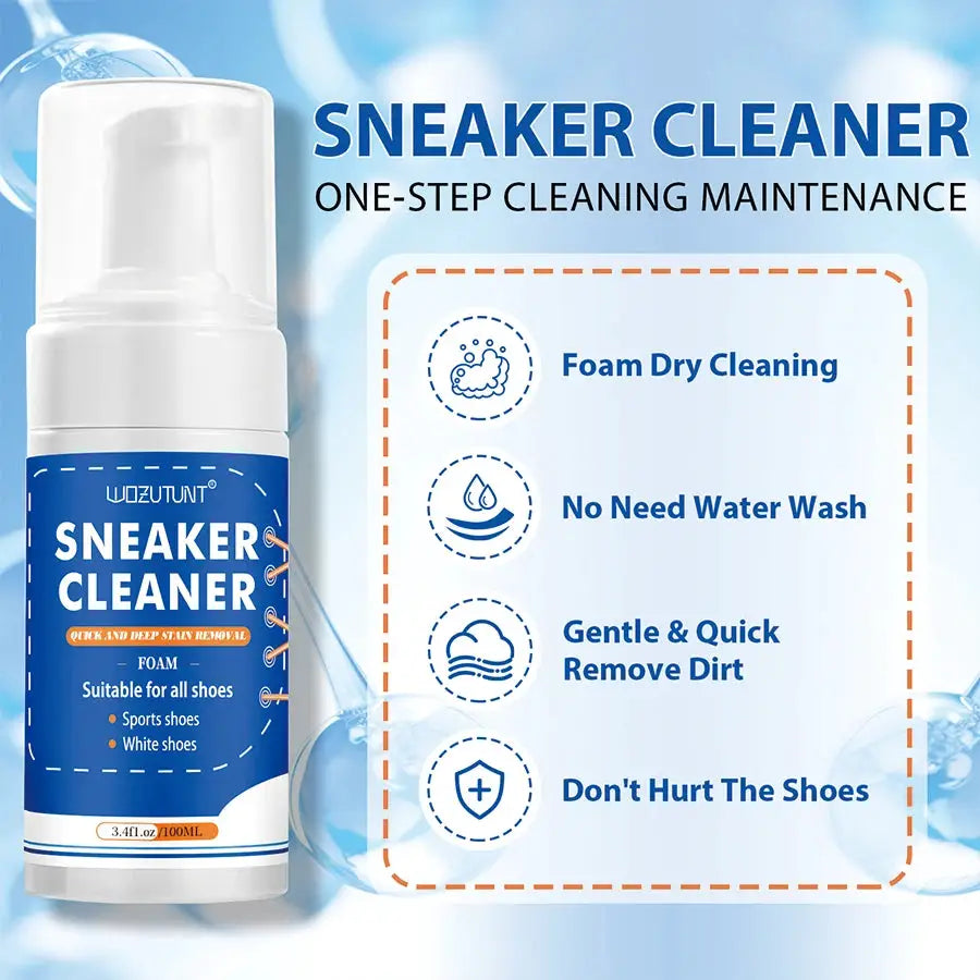 Sneaker cleaner foam bottle, 100ml, white with blue label for suede, sheepskin and leather shoes