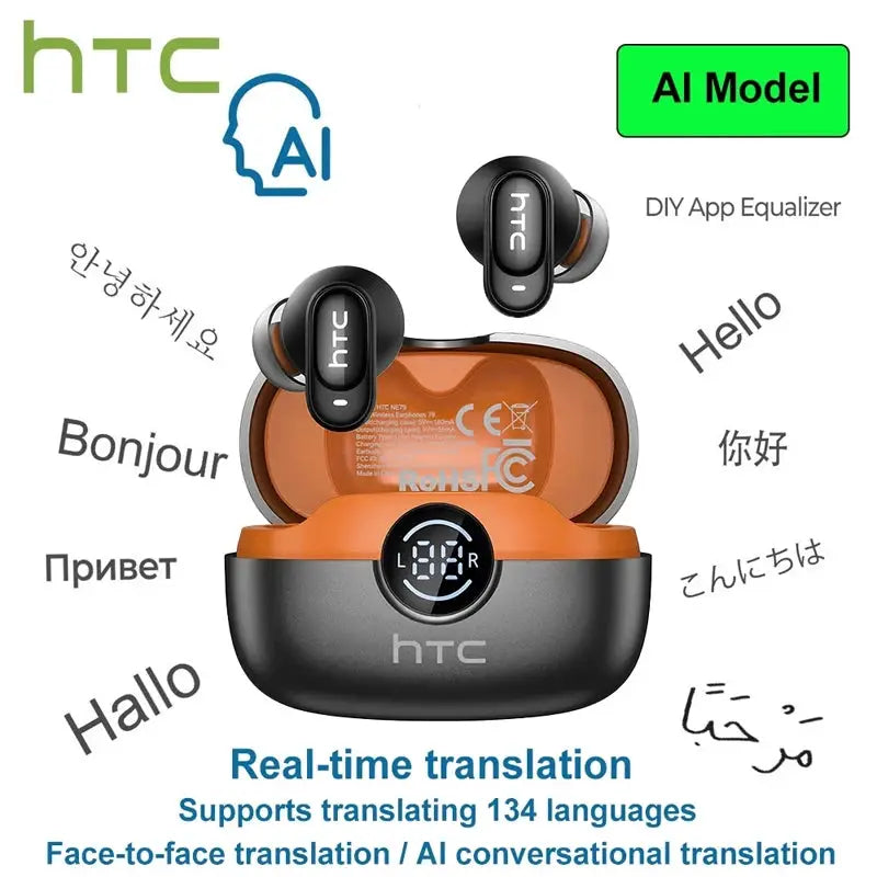 HTC NE79 wireless earbuds with orange charging case, LED display and mic; AI Model badge