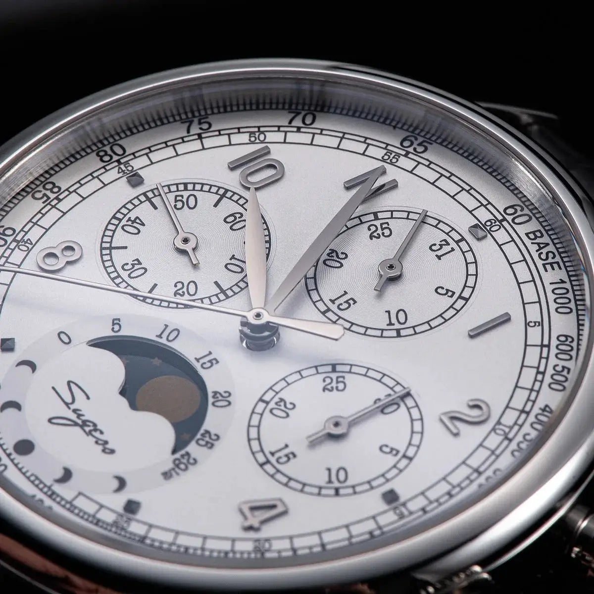 Sugess men's chronograph watch with moonphase, silver dial and multiple subdials