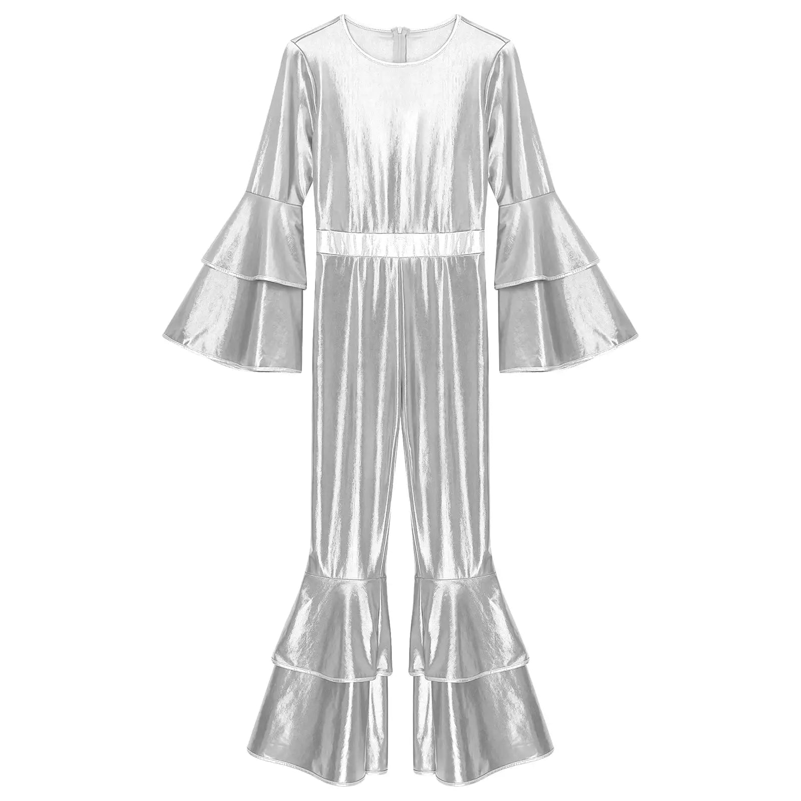Womens 70s disco jumpsuit by Simples Market in silver metallic fabric with bell sleeves and wide legs