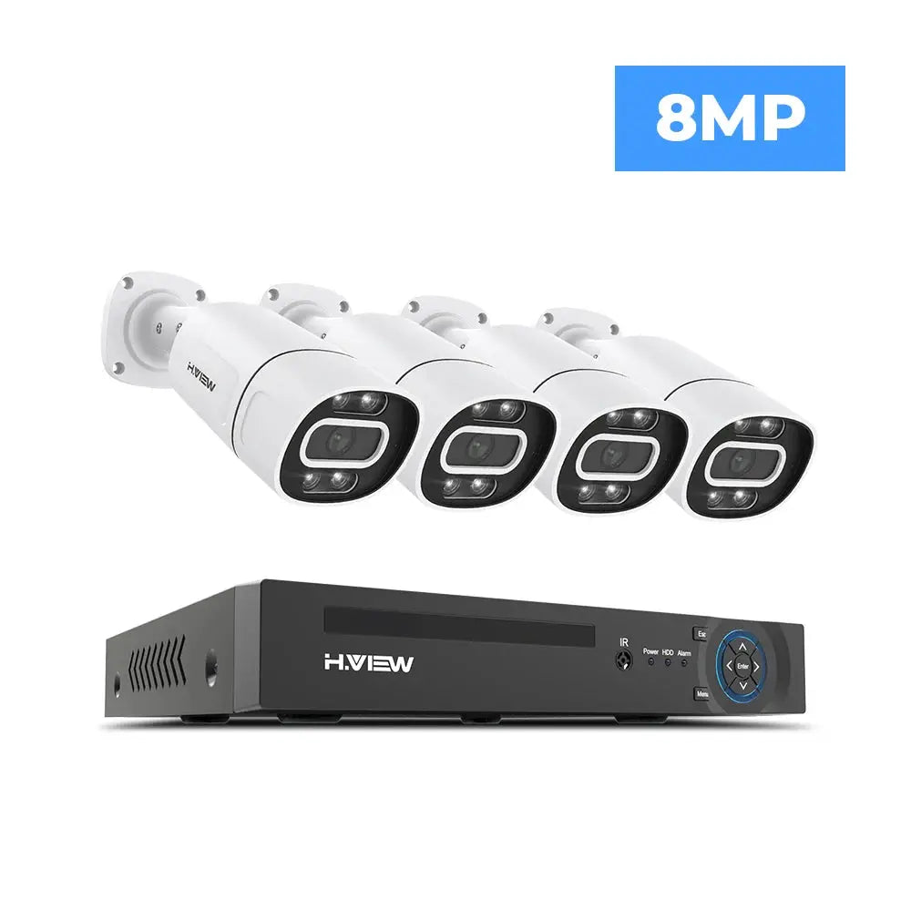 H.View 4-camera CCTV security system with 8MP outdoor IP cameras and 8-channel NVR