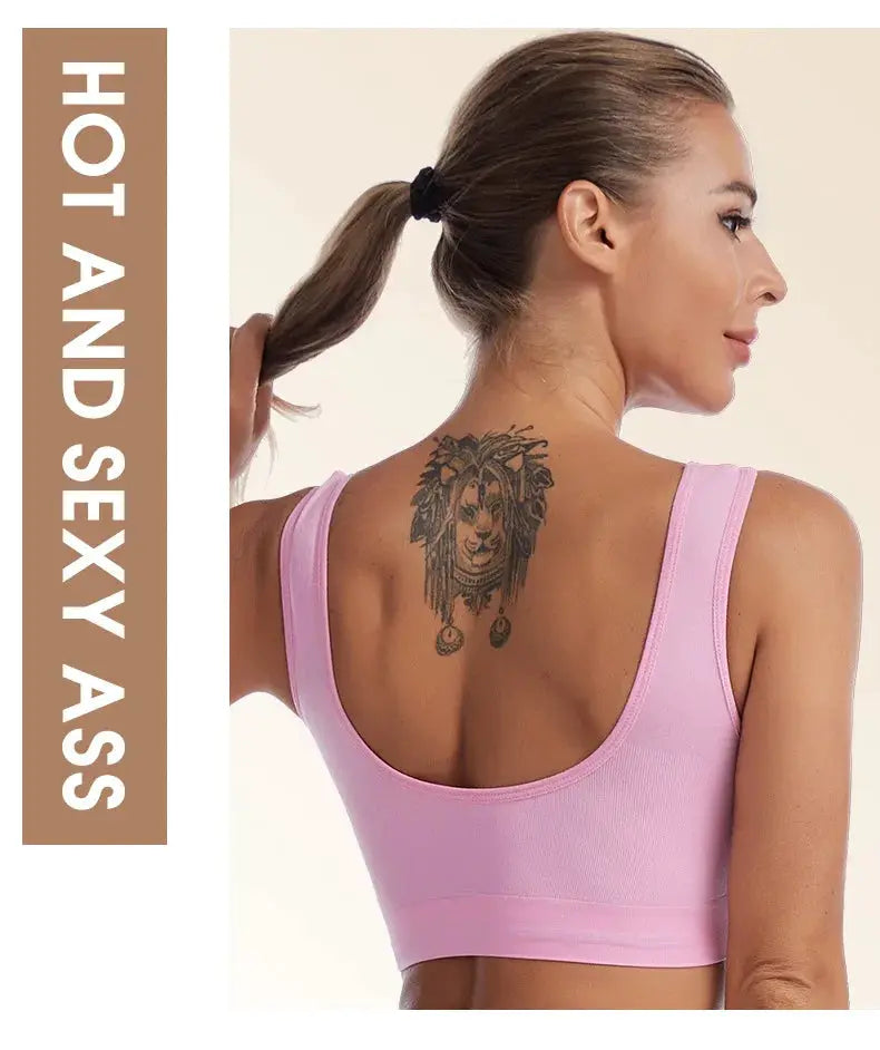 Simples Market pink seamless wireless bra, plus-size S-7XL, non-underwire sports/yoga vest back view