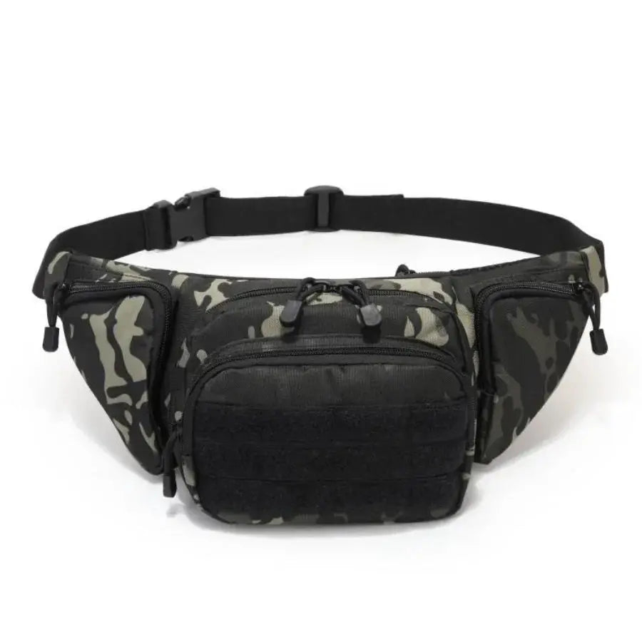Tactical waist pack in camouflage with multiple zip pockets and adjustable strap.