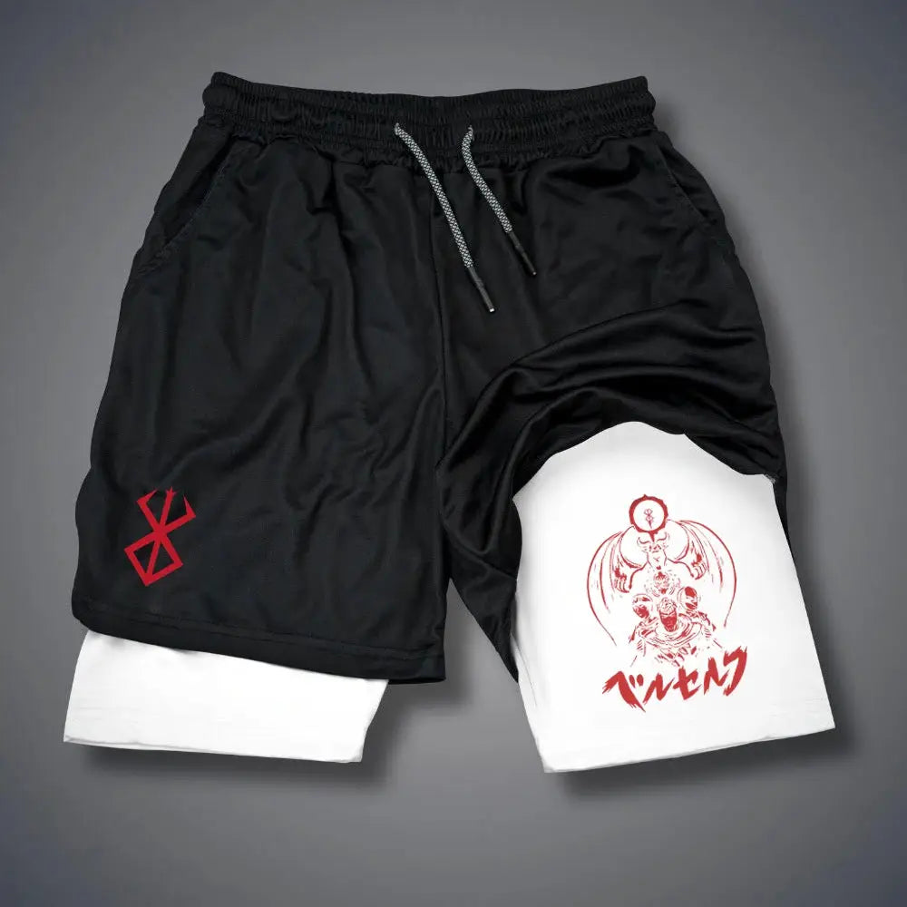 2-in-1 men's compression gym shorts by Simples Market with black outer layer, white underlayer, and phone pockets