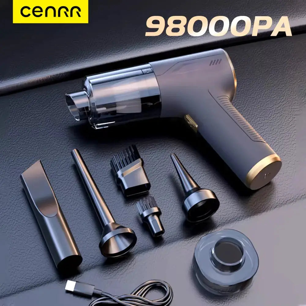 CENRR 98000PA car vacuum cleaner, portable wireless handheld with gray body and gold trim, includes multiple attachments.