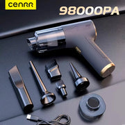 CENRR 98000PA car vacuum cleaner, portable wireless handheld with gray body and gold trim, includes multiple attachments.