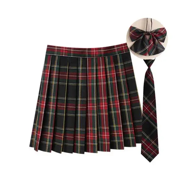 Women two-piece plaid pleated skirt with matching necktie and bow in red-green plaid
