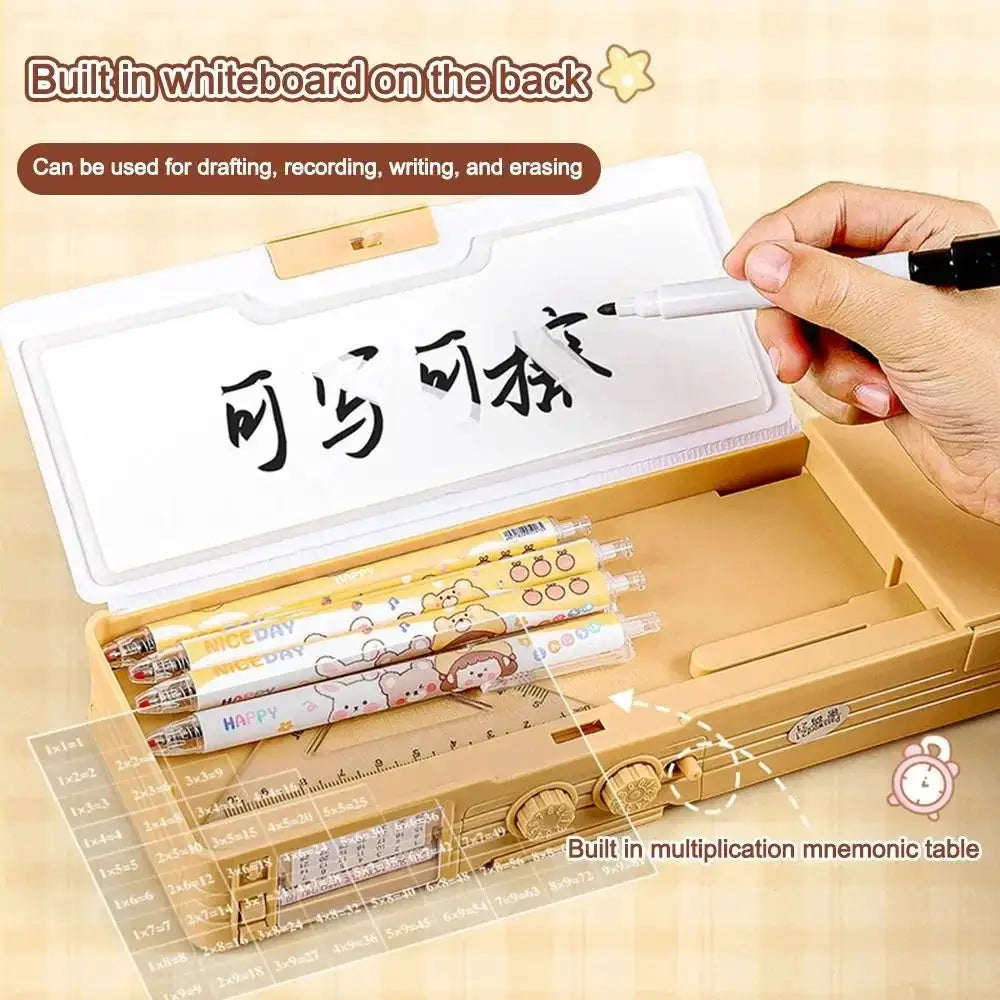 Capibara pen case, ABS material, colorful pencil box with built-in whiteboard on back and multiplication mnemonic table
