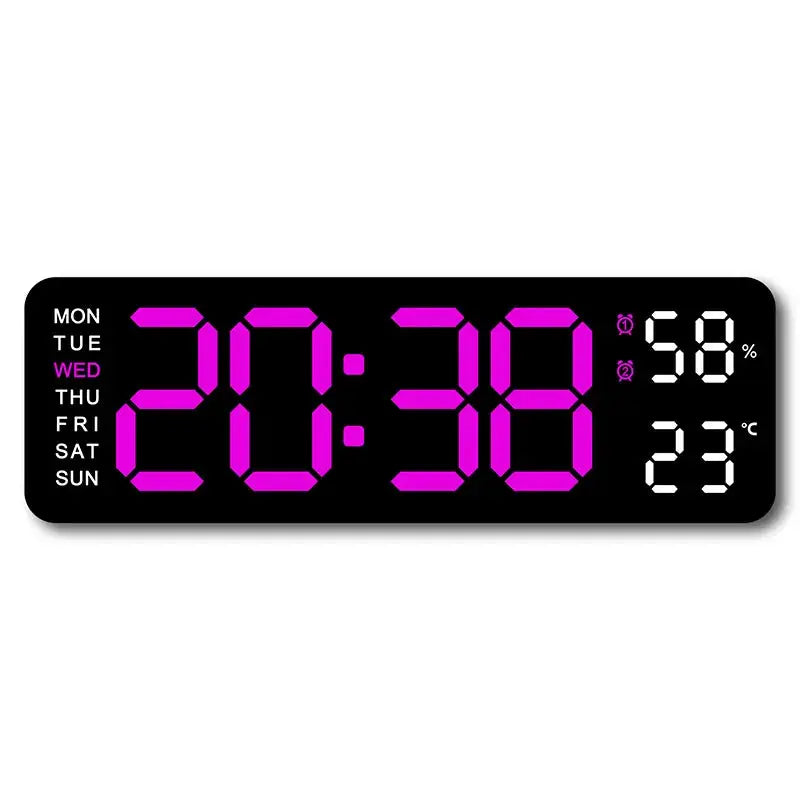 9-inch digital wall clock with pink LED digits, day-of-week column on the left and humidity/temperature readouts on the right