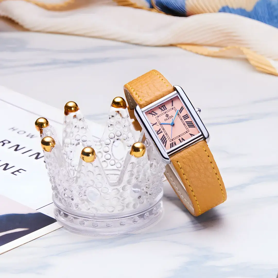 OGEDA couple watch with tan leather strap, square dial, stainless steel case