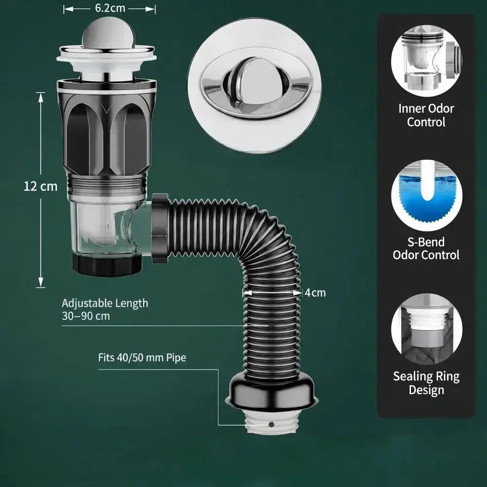 Bathroom sink drain kit by Simples Market with ABS body and stainless steel top, flexible hose fits 40/50 mm pipe