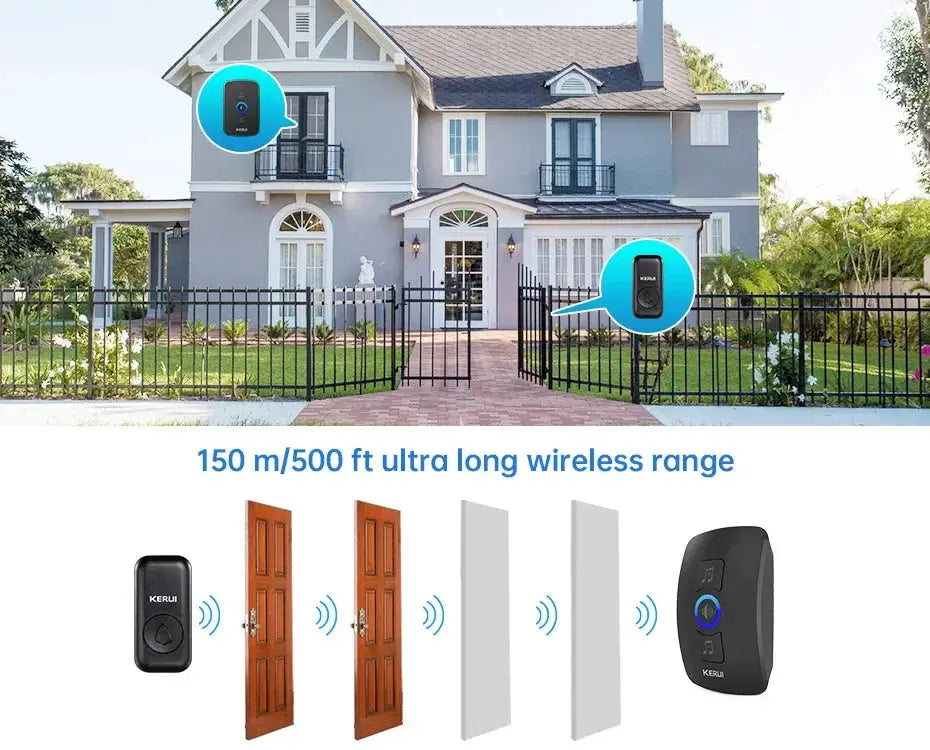 KERUI wireless doorbell system with outdoor waterproof transmitter and LED chime, 150 m range