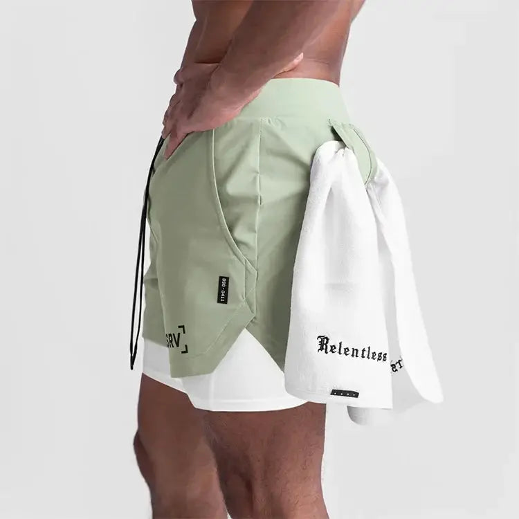ASRV men's quick-dry 2-in-1 shorts in olive green with white inner shorts, gym fitness bottoms