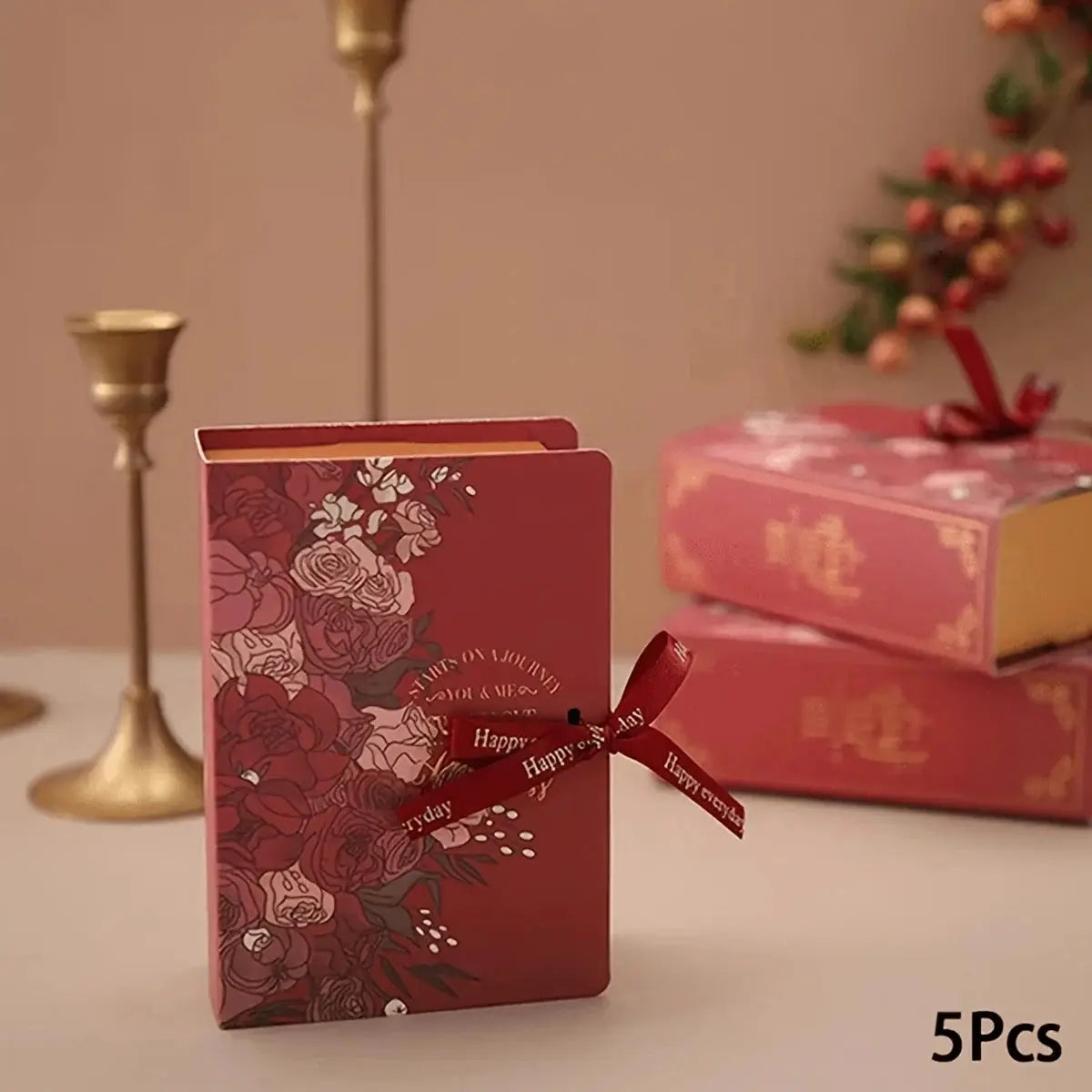 Book-shaped gift boxes set of 5 with burgundy floral design and satin ribbon by Simples Market