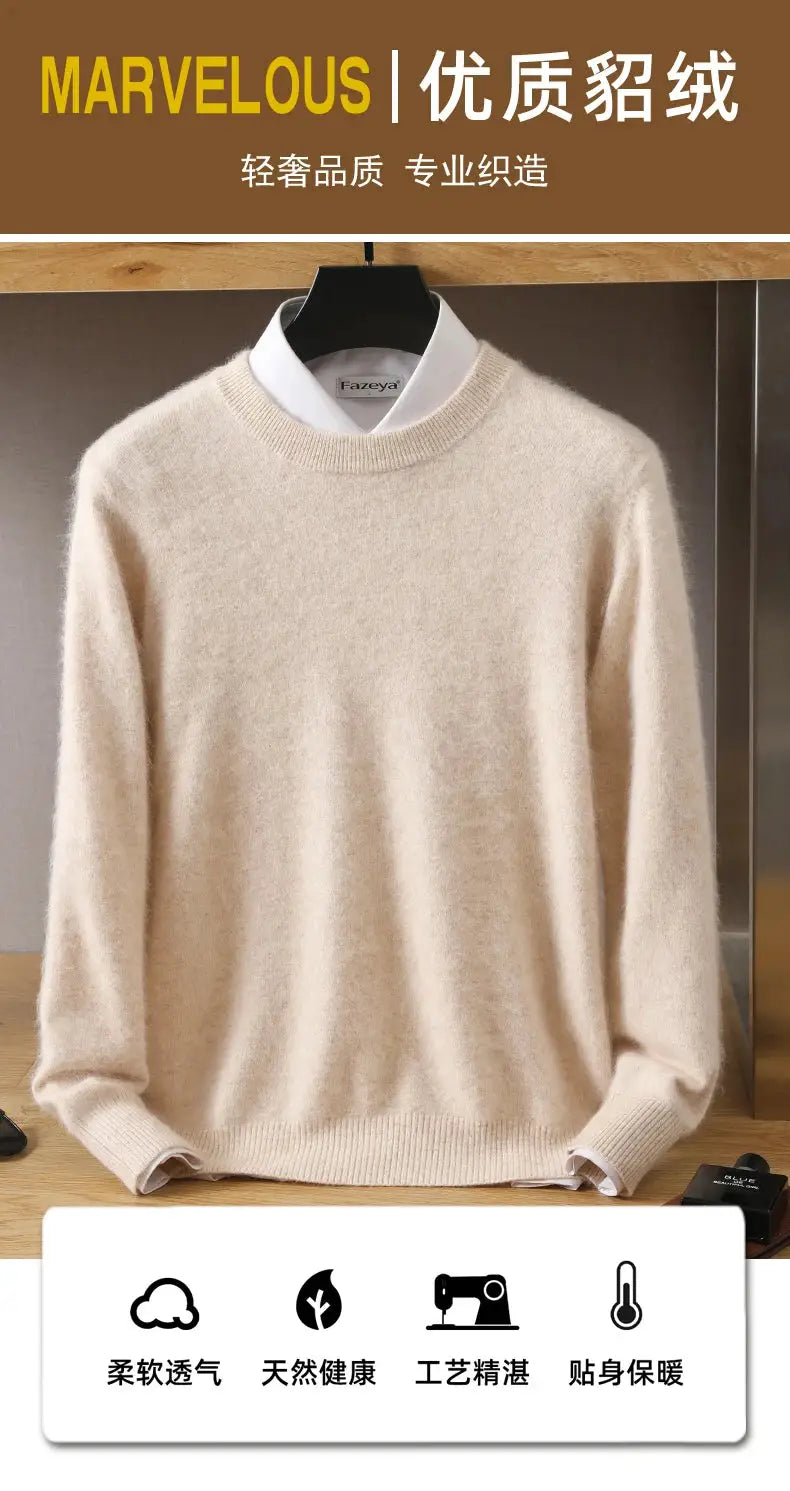 Men's beige mink cashmere crew-neck sweater on a hanger; Fazeya label visible
