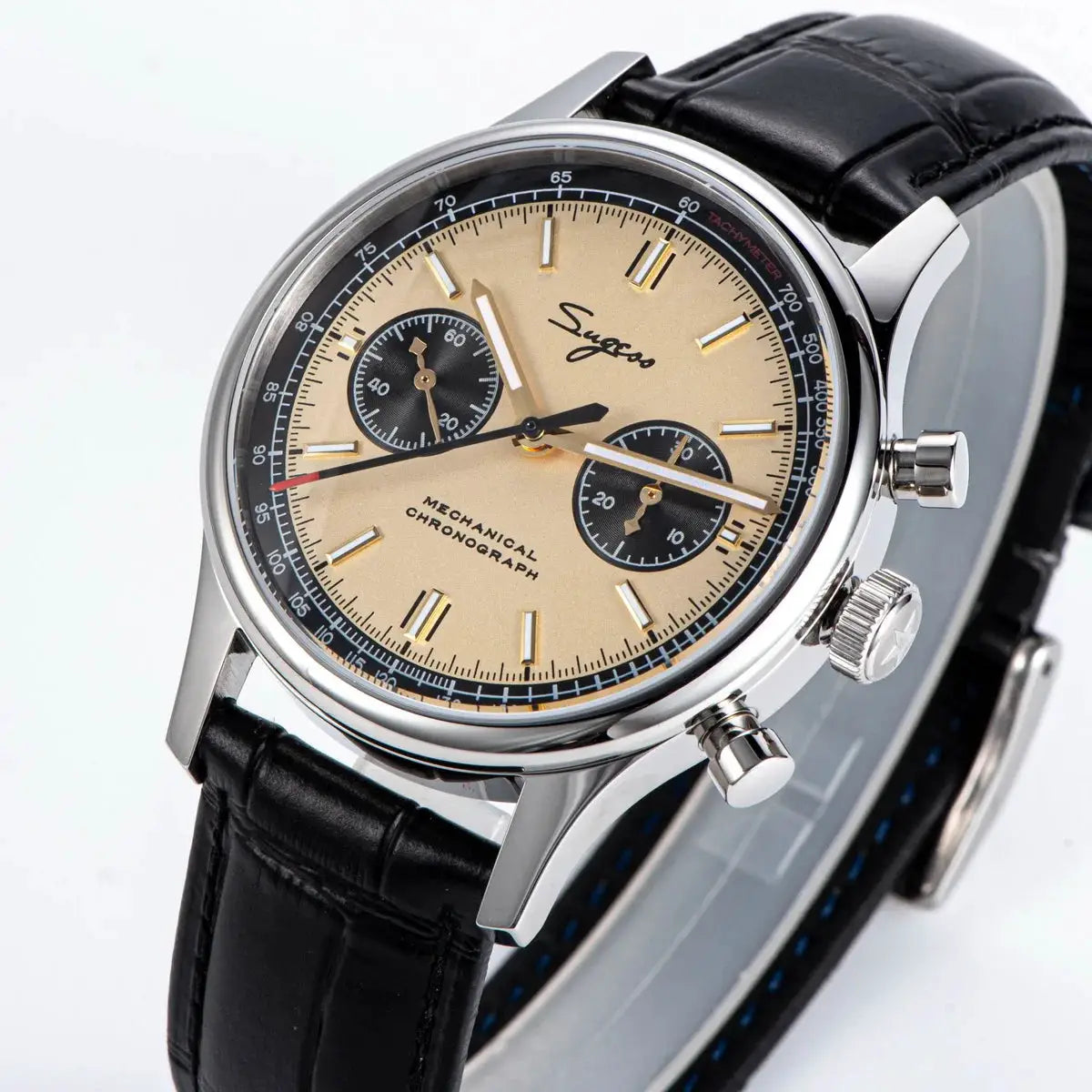 Sugess Panda chronograph pilot watch with beige dial, black subdials, stainless steel case and black leather strap