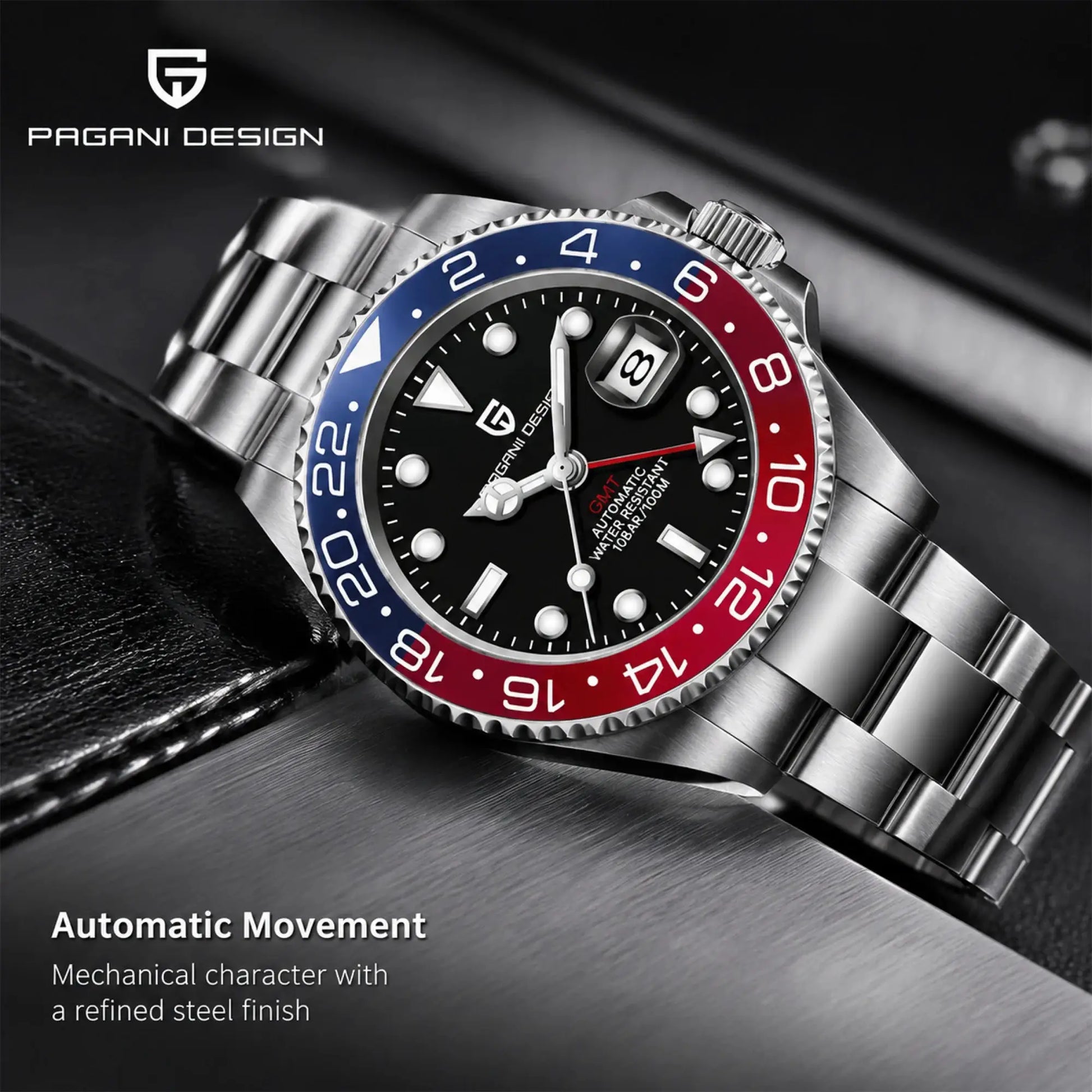 PAGANI DESIGN men's stainless steel GMT watch with blue/red bezel and sapphire glass