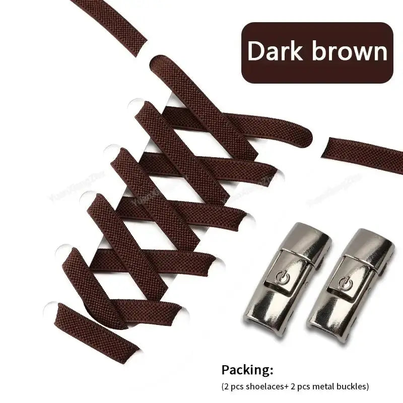 Elastic no-tie shoelaces, dark brown 8mm widened flat laces by Simples Market with press-lock buckles (2 laces + 2 buckles)