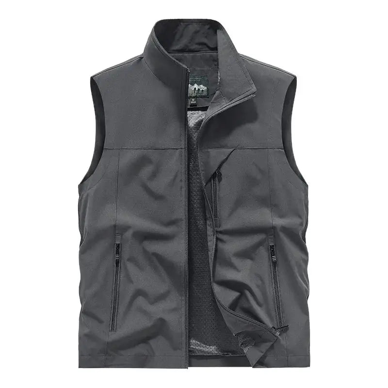 Men's windproof gray sleeveless vest by Simples Market with front zip pockets