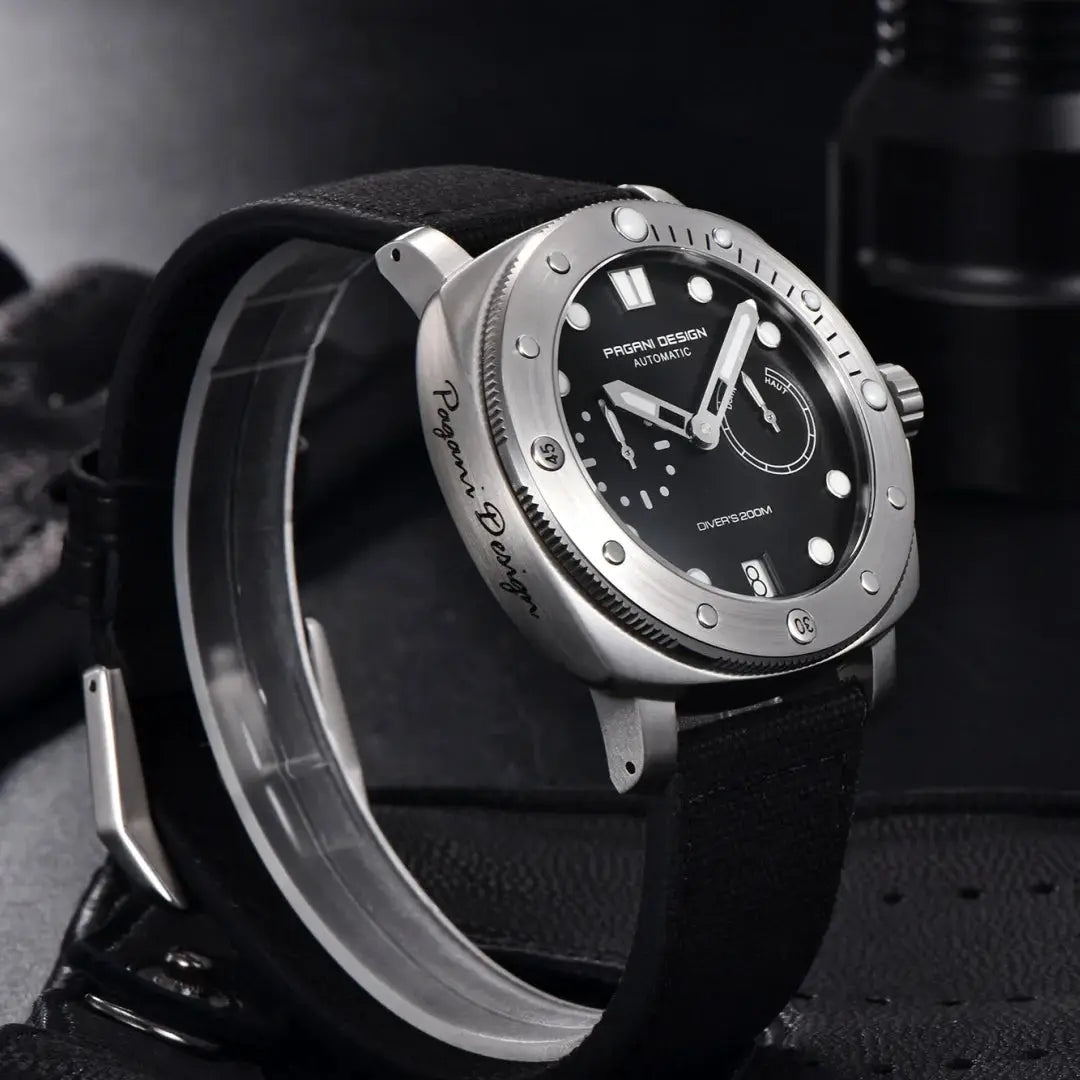 Pagani Design automatic diver's watch with black dial, stainless steel case, black fabric strap, 200m water resistance