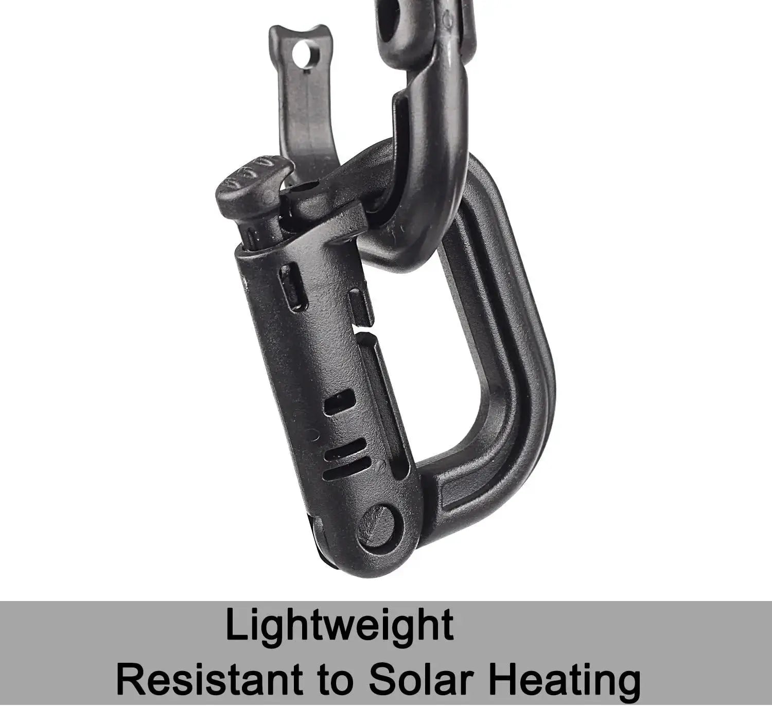 D-ring carabiner with Grimlock locking mechanism, black plastic MOLLE clip for outdoor use.