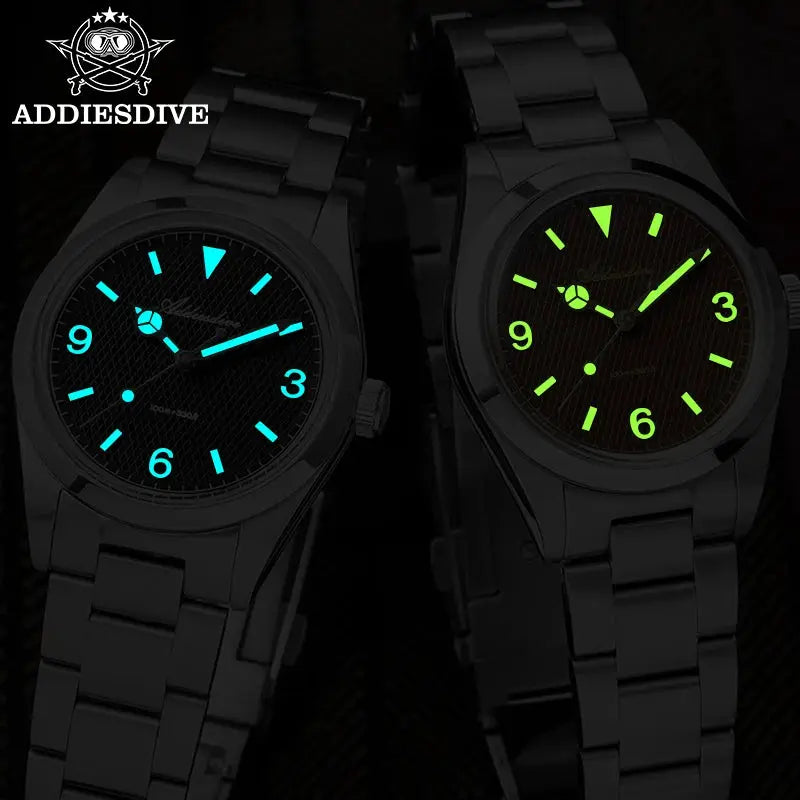 ADDIESDIVE men's analog watches with stainless steel bracelet; luminous blue and green dials (2 watches)