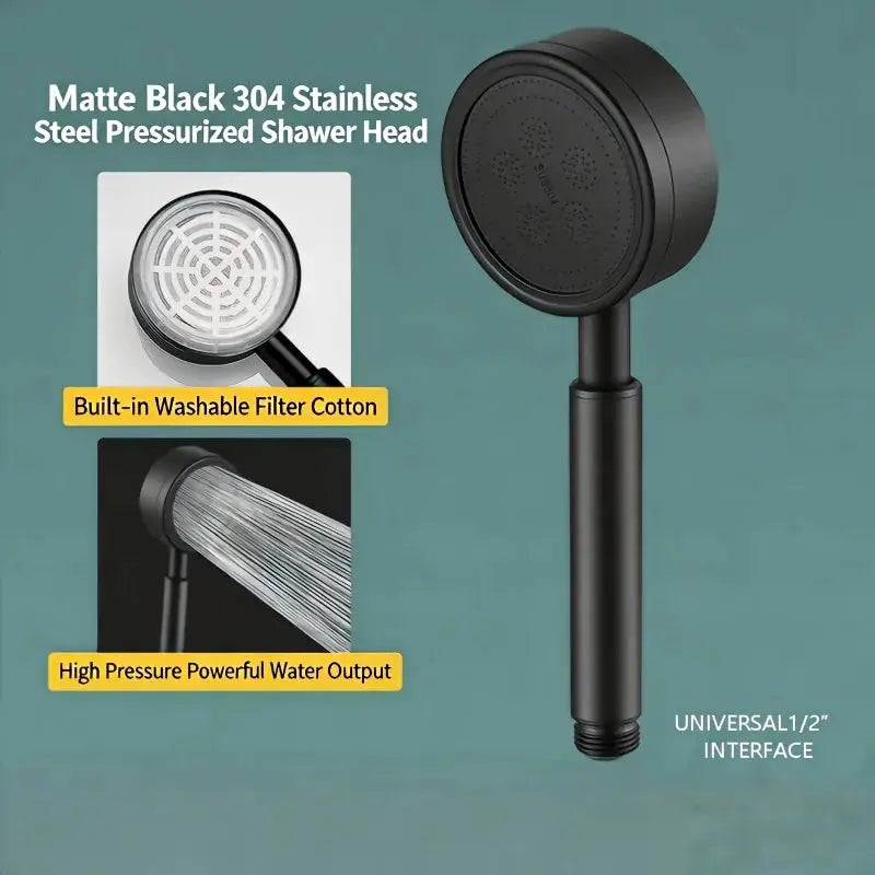 Matte black SUS 304 handheld shower head with built-in washable filter and high-pressure rainfall spray