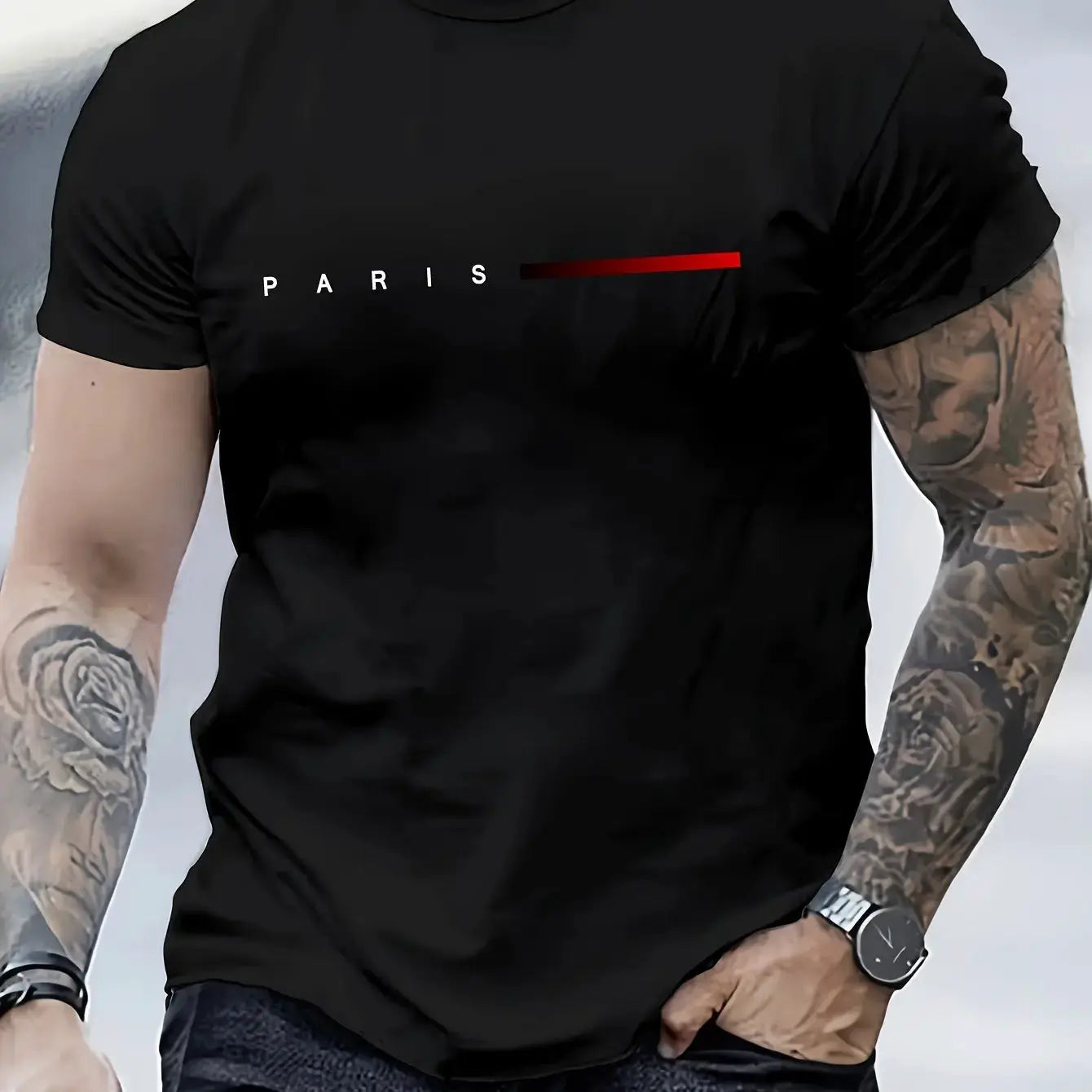 Men's 100 Percent Cotton Summer T Shirt Paris Letter Print Round Neck Short Sleeve Casual Top