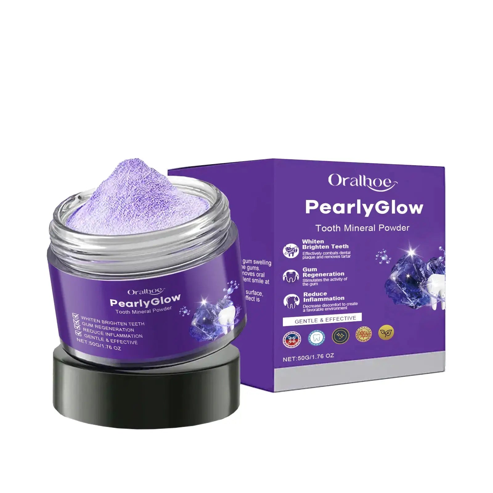PearlyGlow Tooth Mineral Powder jar and purple Oralhoe box; two-piece set