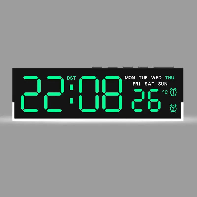 Simples Market USB-powered digital alarm clock with white mood light; black case, green LED display, 12/24h