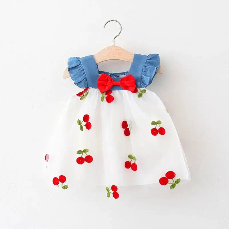 Baby Girl Dress Summer Cherry Mesh Beach Outfit 0 To 1 Years Cotton Comfortable Cute Clothes