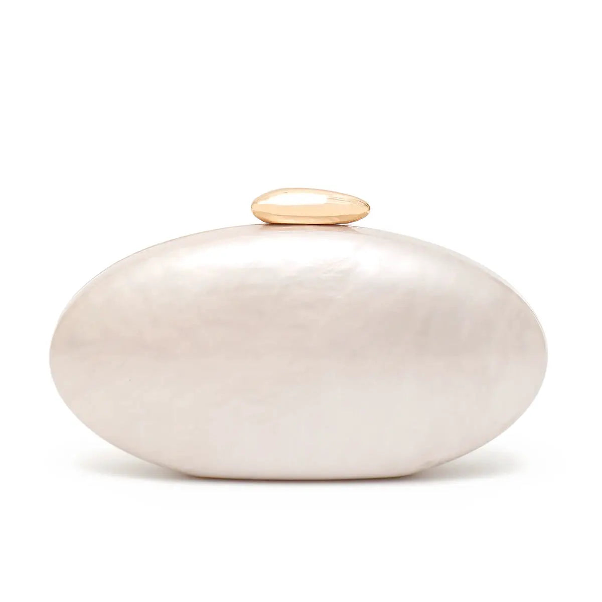 Oval pearl acrylic evening clutch with gold-tone clasp and long chain by Simples Market