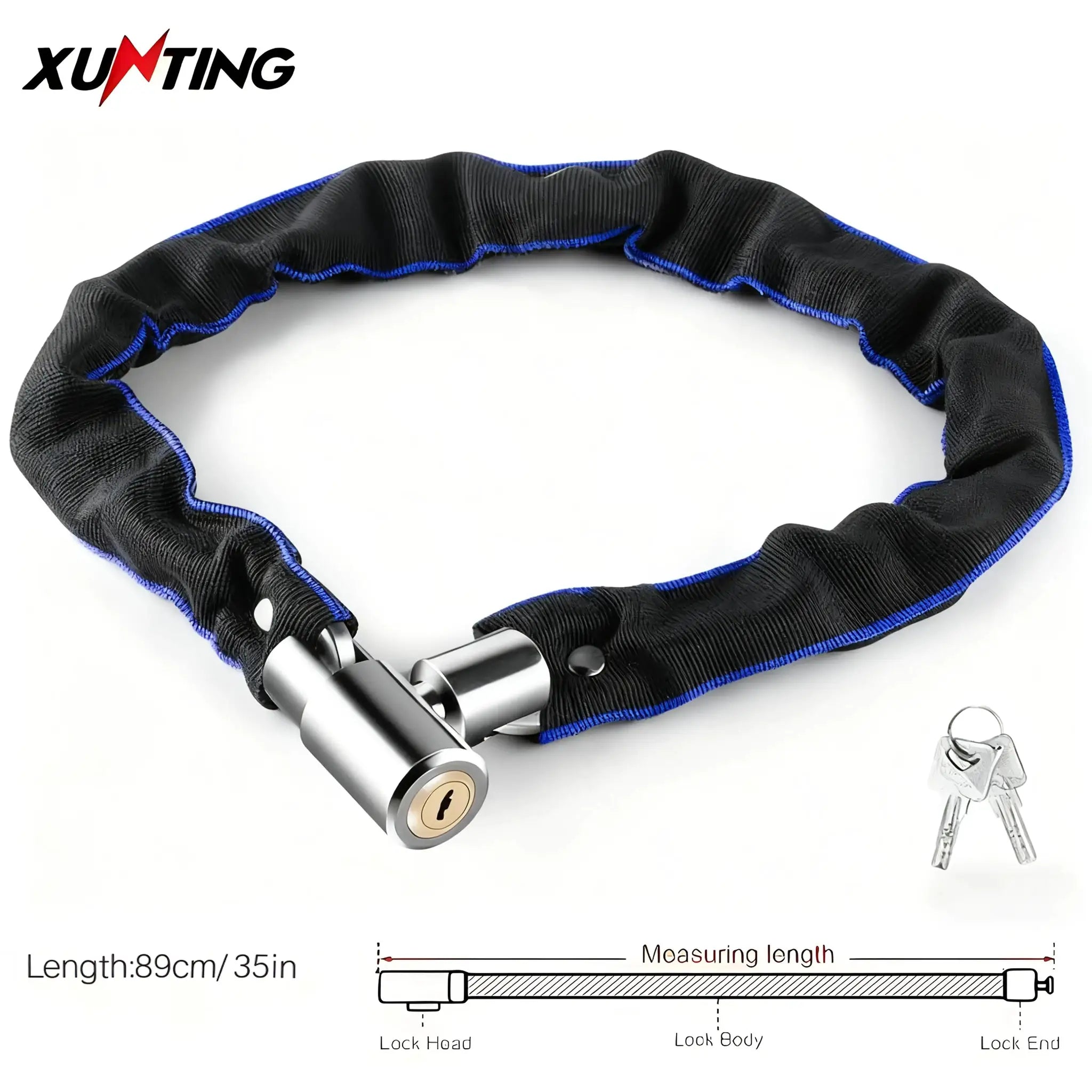XUNTING heavy-duty bike chain lock with black nylon sleeve and blue trim, steel chain, 360° rotating lock with keys