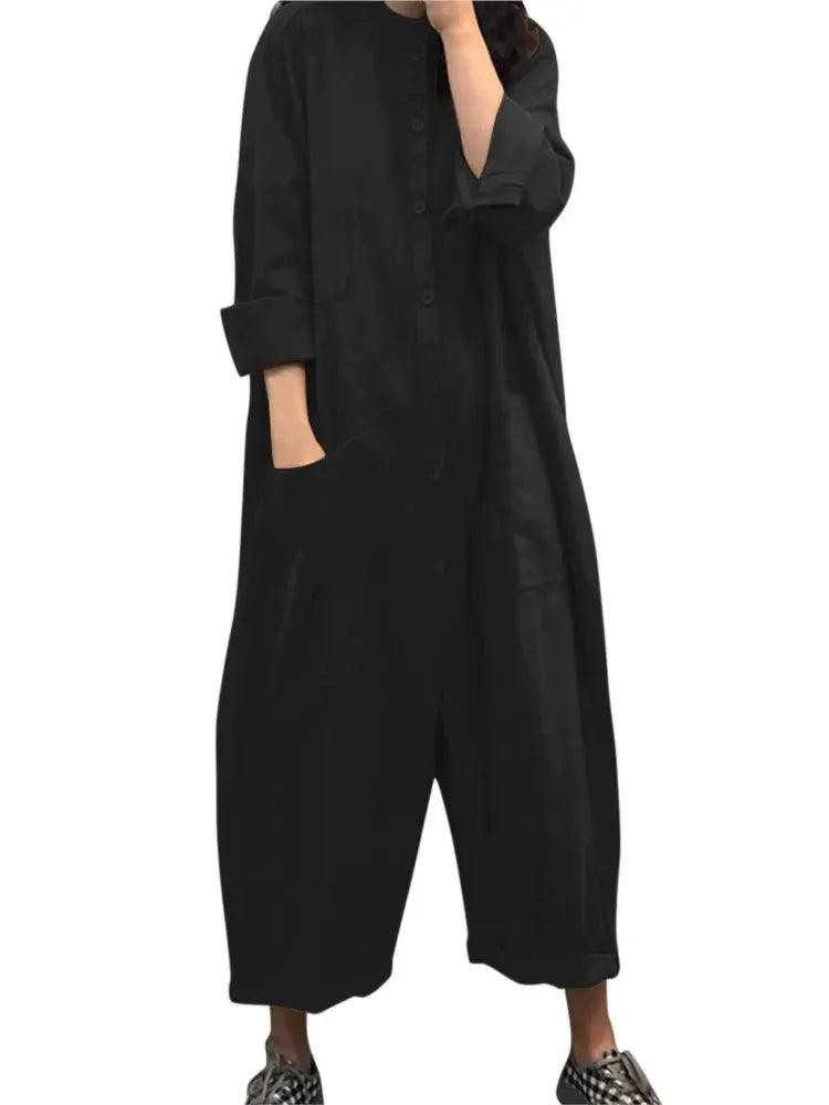 Simples Market black women's loose-pocket jumpsuit with long sleeves and button front