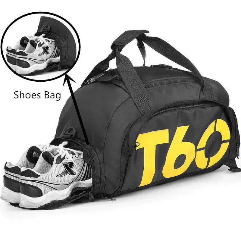 Simples Market gym bag, black waterproof ultralight fitness bag with shoe compartment and pair of sneakers