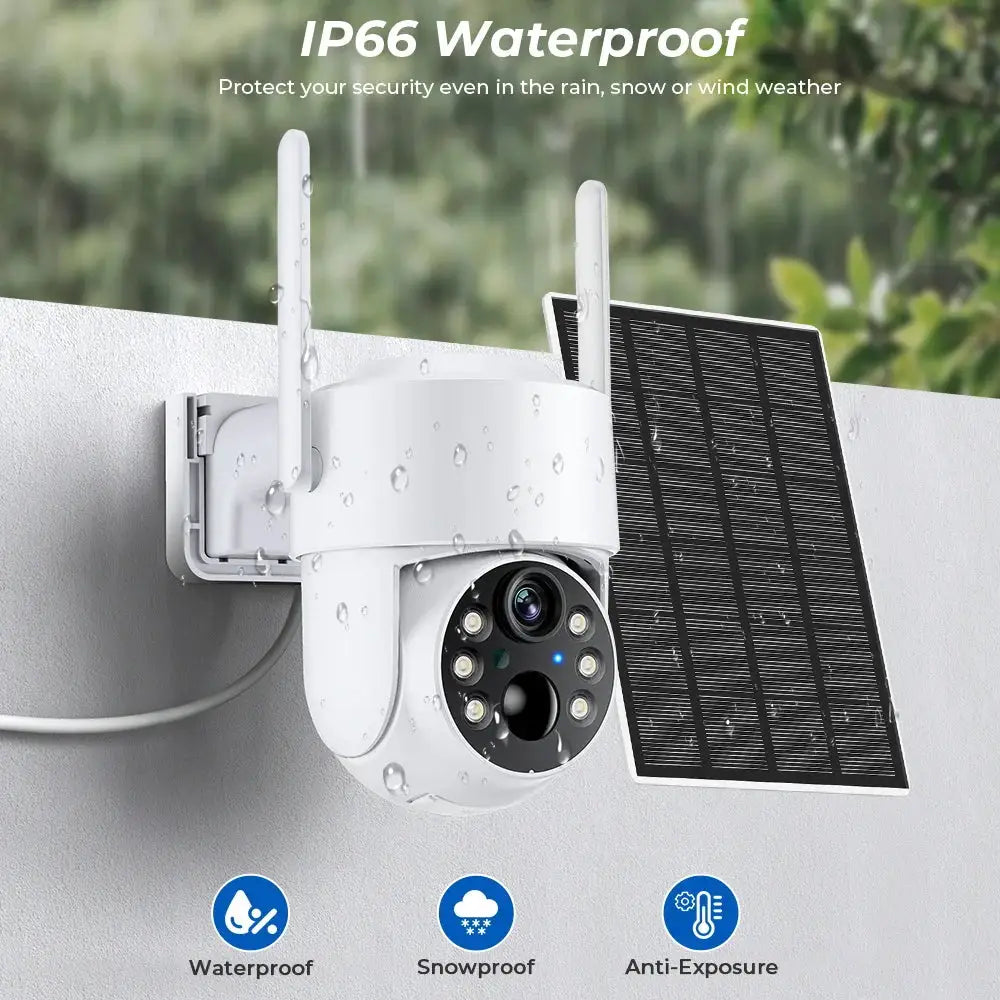 Simples Market WiFi PTZ Outdoor Camera with solar panel, 4MP HD, built-in battery.