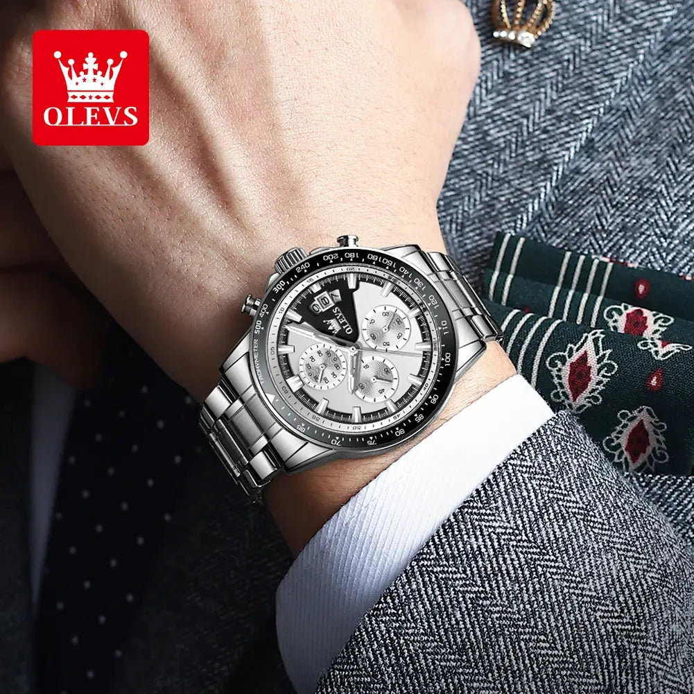 OLEVS TY705 men's stainless steel luxury watch with black bezel and chronograph subdials