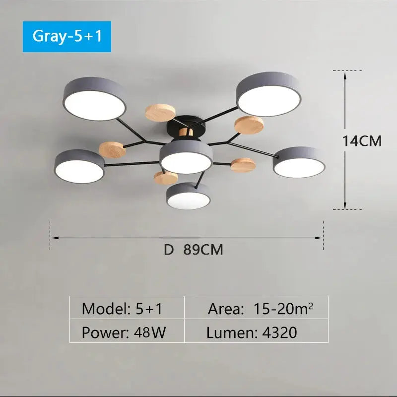 Modern LED chandelier with gray circular shades and wood accents, 5+1 lights, ceiling mount