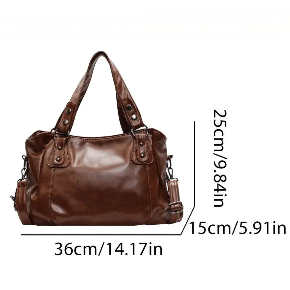 Retro Brand roomy brown PU leather shoulder bag with top handles, detachable crossbody strap, and large capacity