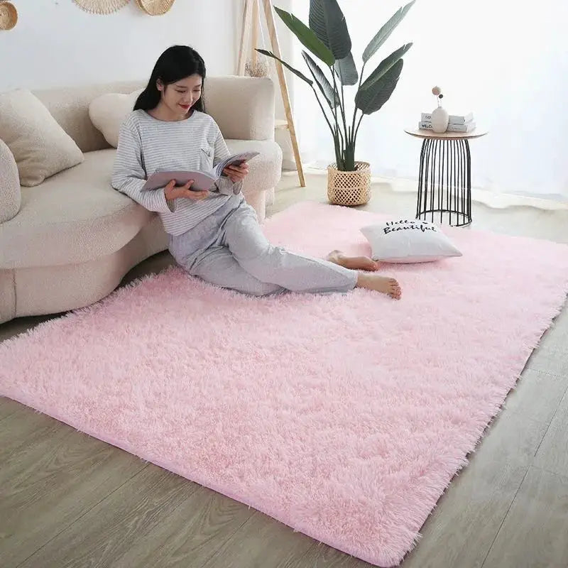Kids pink fluffy rug, large soft shag carpet for living room and children's bedroom.
