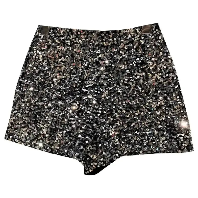 Women's black velvet sequined shorts by Simples Market, shiny clubwear hot pants